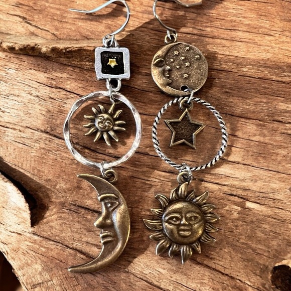 Boho Celestial Charm Earrings - Bronze and Silver toned Bohemian Boho Celestial - Picture 12 of 17